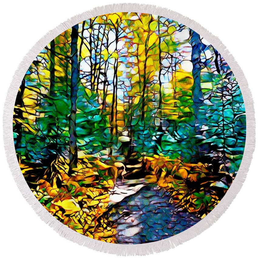 Woods Round Beach Towel featuring the digital art Mosaic Landscape Forest Design 283 by Lucie Dumas