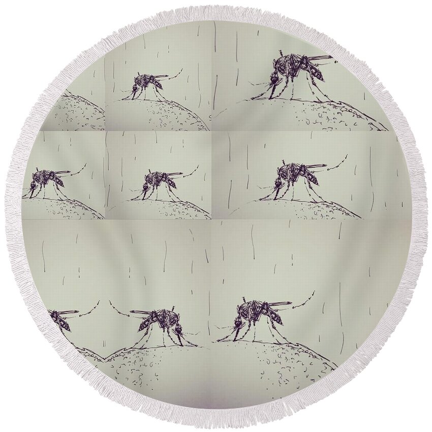 Mosquito​es Round Beach Towel featuring the drawing Mosquitoes by Sukalya Chearanantana