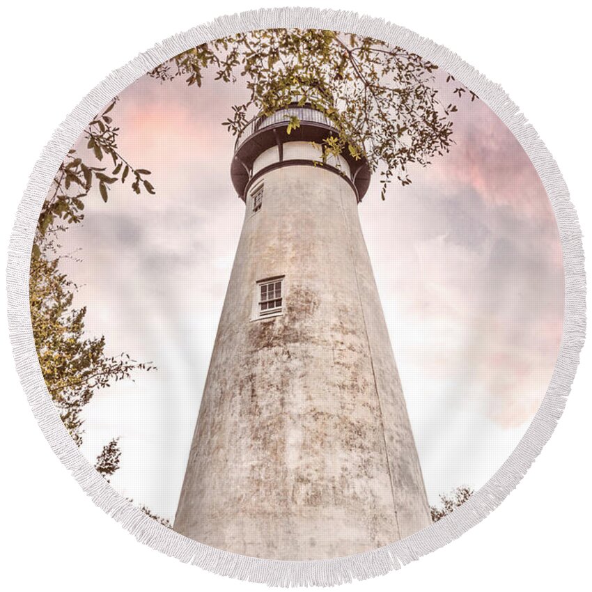 Lighthouse Round Beach Towel featuring the photograph Mossy Trees around the Amelia Island Lighthouse Beachhouse Hues by Debra and Dave Vanderlaan
