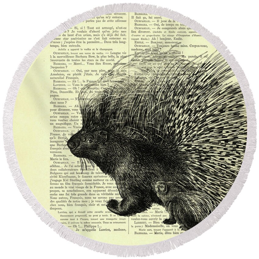 Porcupine Round Beach Towel featuring the mixed media Mother And Baby Porcupine by Madame Memento