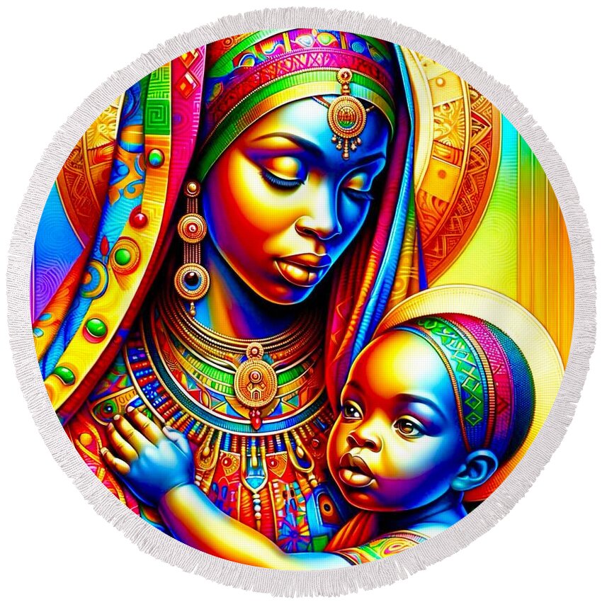 Mother And Child Round Beach Towel featuring the painting Mother and Child by Emeka Okoro