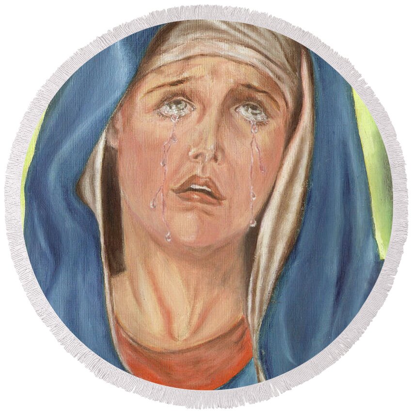 Virgin Mary Round Beach Towel featuring the painting Mother of Sorrows by Remy Francis