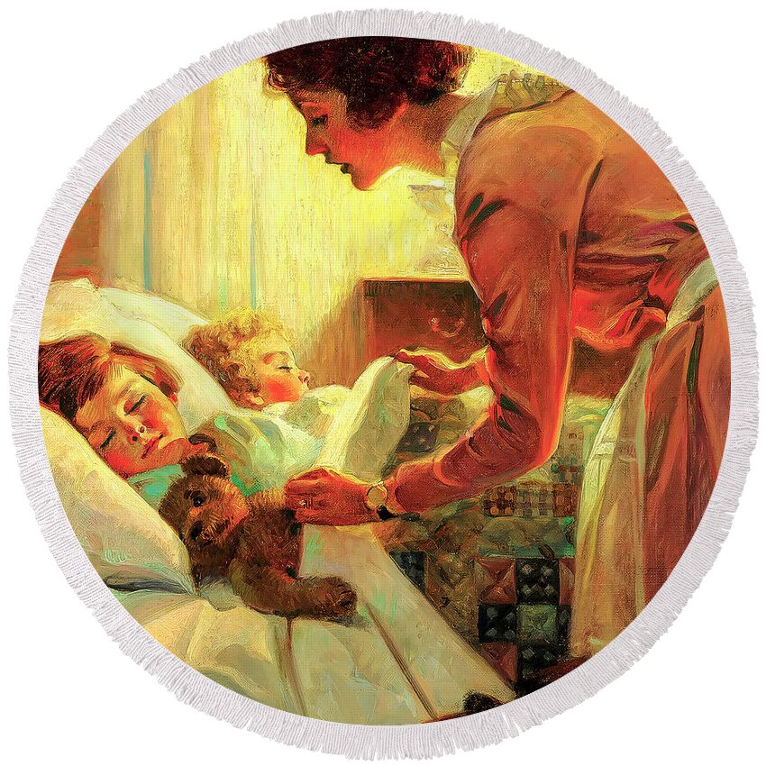 Mother Round Beach Towel featuring the painting Mother Tucking Children into Bed Cropped by Norman Rockwell