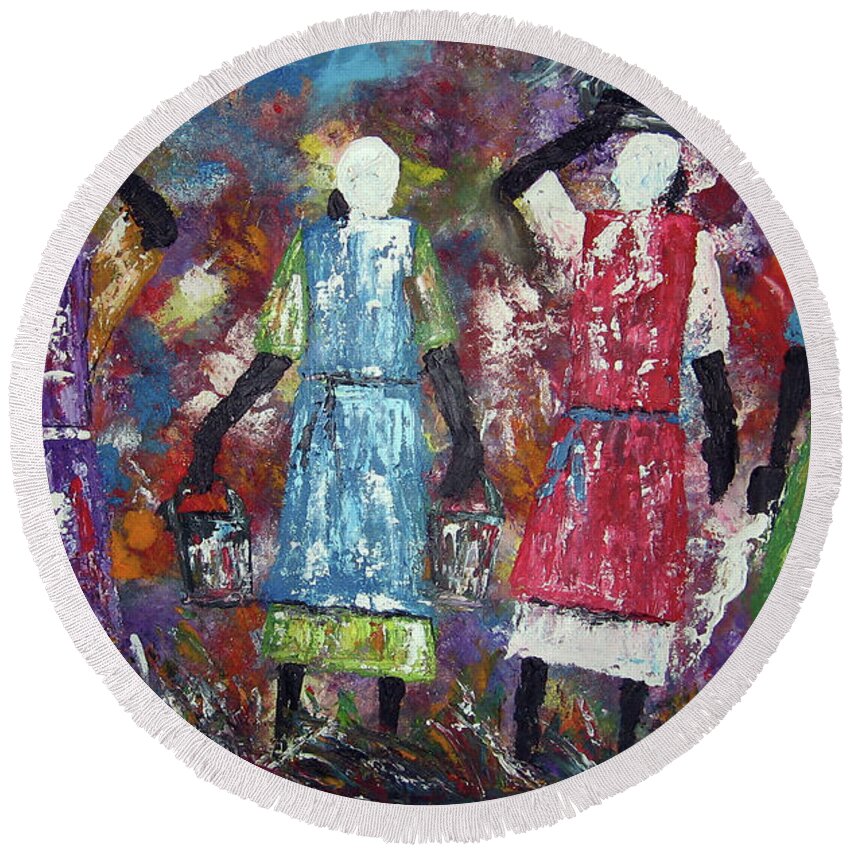  Round Beach Towel featuring the painting Mothers Come Home by Peter Sibeko