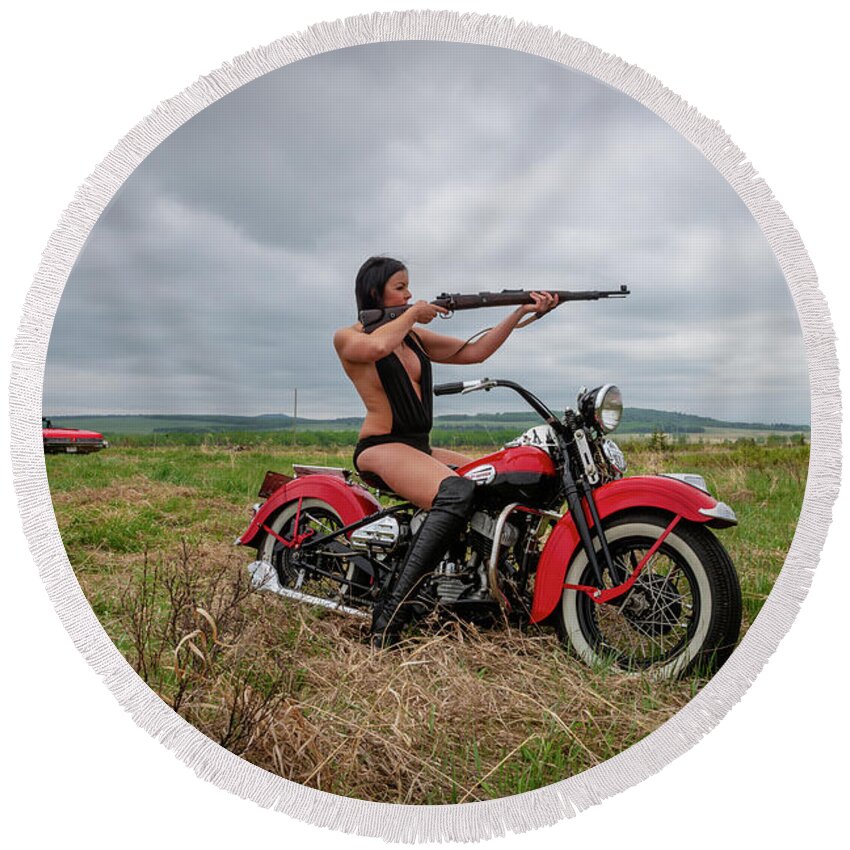 Motorcycle Round Beach Towel featuring the photograph Motorcycle Babe by Bill Cubitt