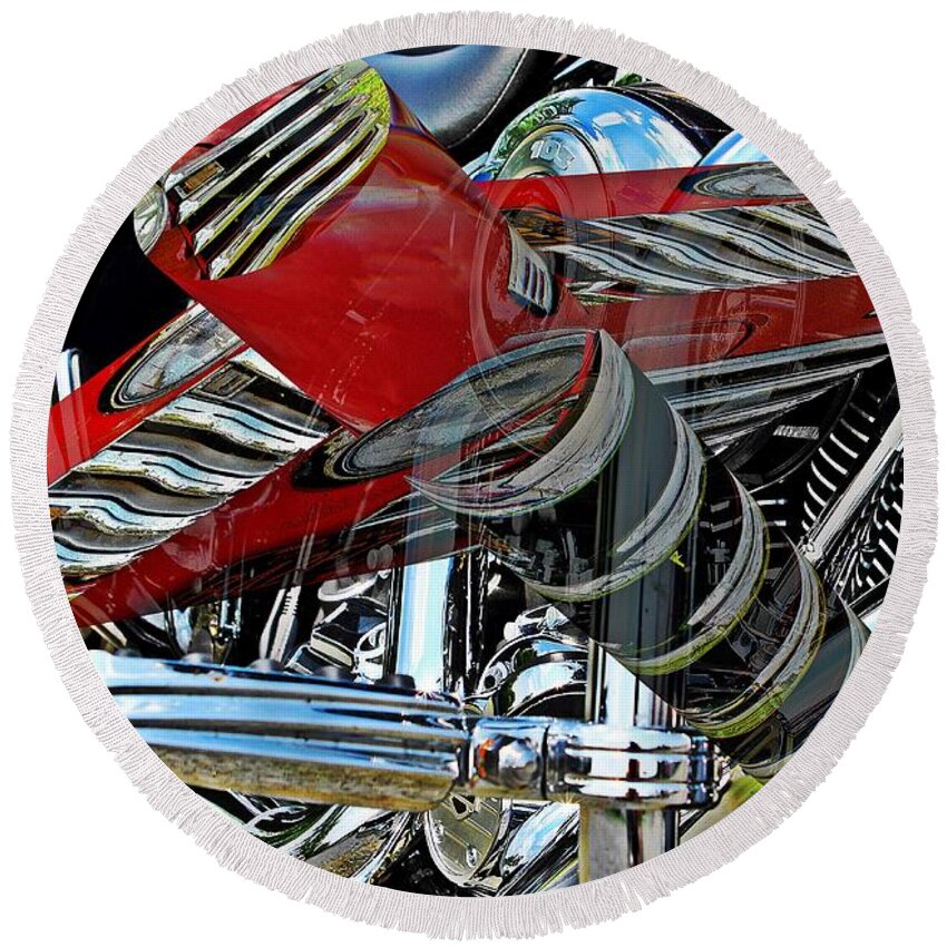 Car Round Beach Towel featuring the digital art Motorcycle engine with a 3D cylinder box by Karl Rose