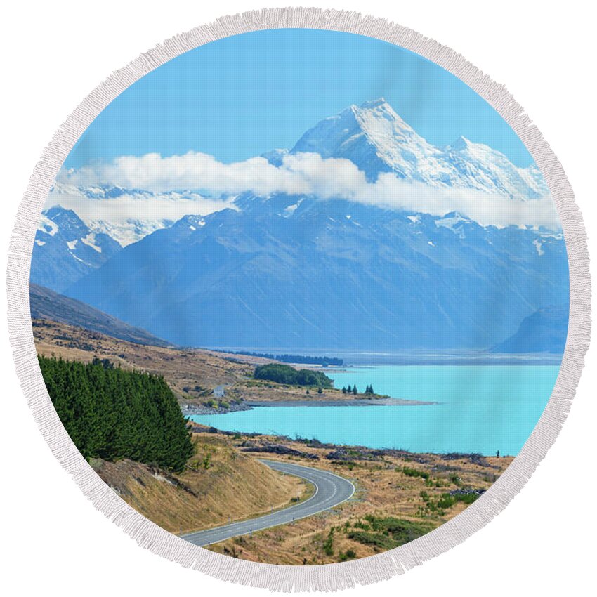 New Zealand South Island Round Beach Towel featuring the photograph Mount Cook and Lake Pukaki, New Zealand by Neale And Judith Clark