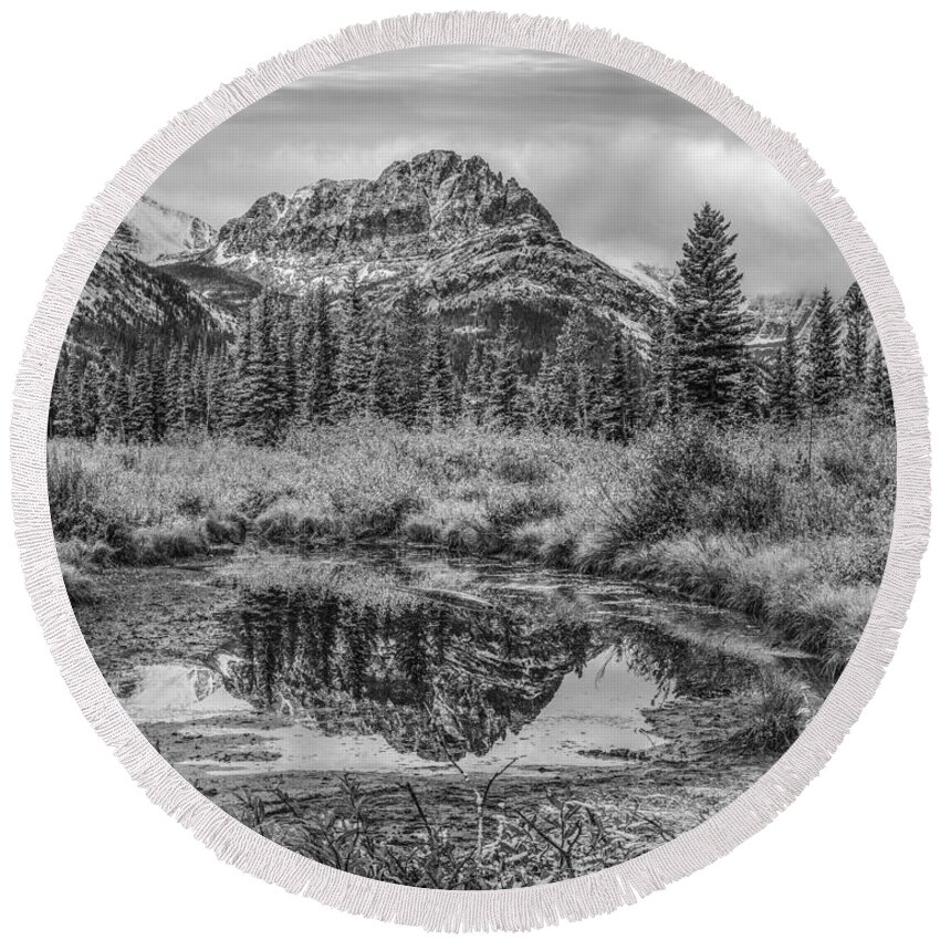 Scene Round Beach Towel featuring the photograph Mount Helen from Two Medicine Lake shorel by Tim Fitzharris
