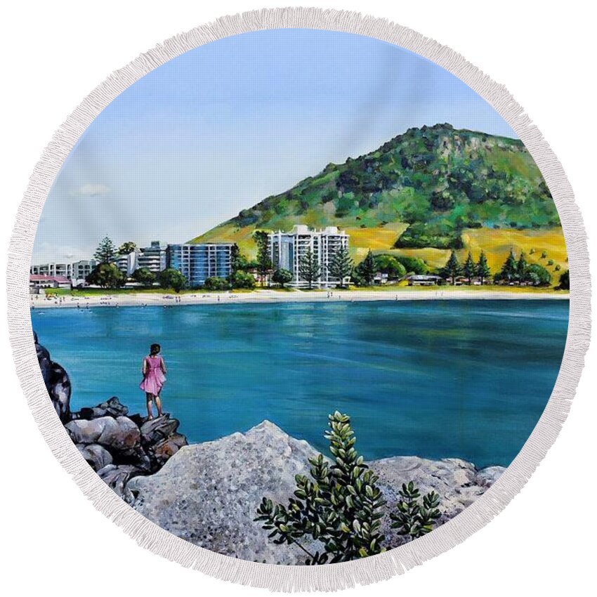 Beach Round Beach Towel featuring the painting Mount Maunganui 290321 by Selena Boron