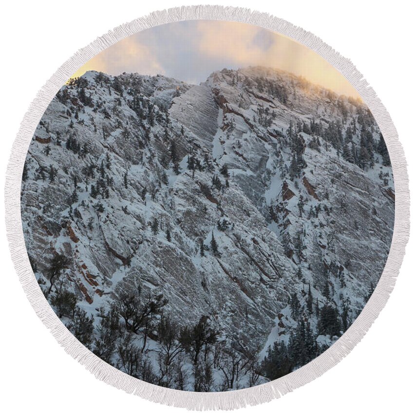 Utah Round Beach Towel featuring the photograph Mount Olympus Cliffs Winter Sunset - Salt Lake City, Utah by Brett Pelletier