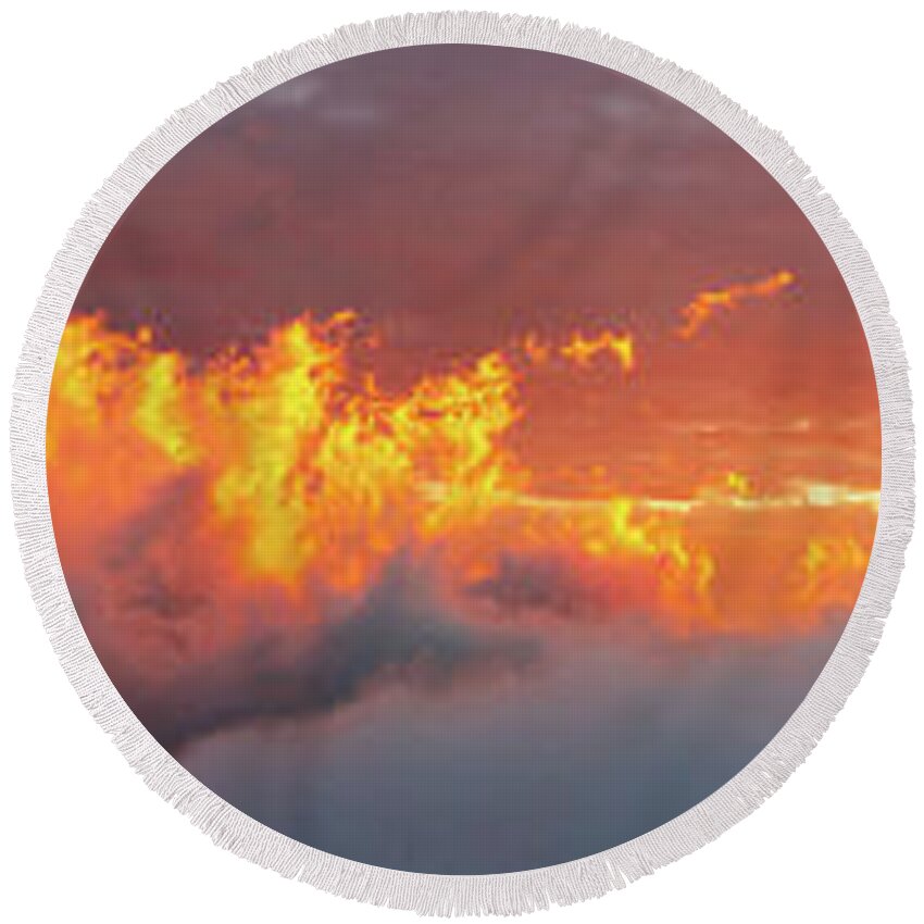 Mount Rainier Round Beach Towel featuring the photograph Mount Rainier Waves of Fire Sunset Skies Lenticular Panorama by Mike Reid