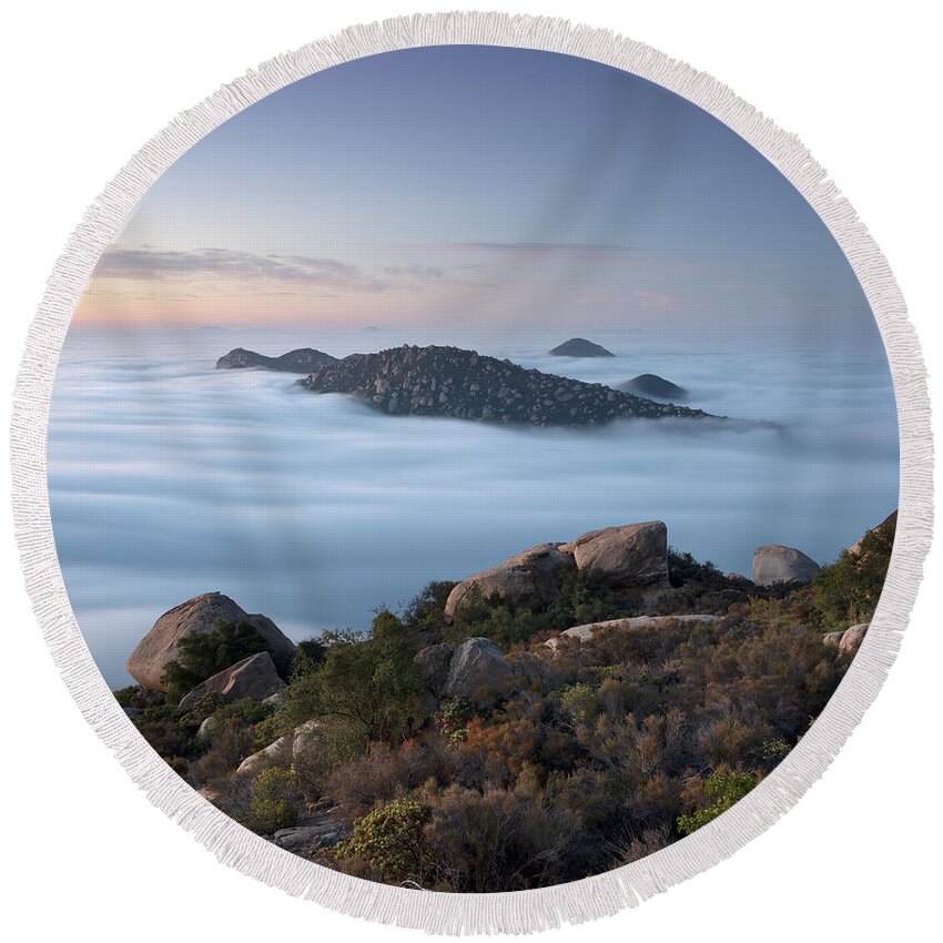 San Diego Round Beach Towel featuring the photograph Mount Woodson Above Clouds by William Dunigan