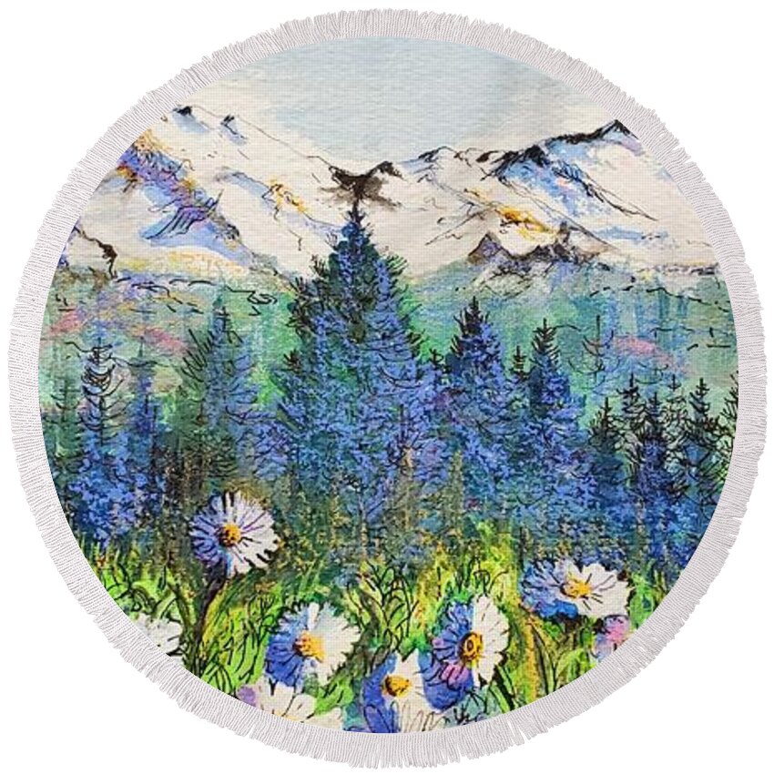 Mountains Round Beach Towel featuring the painting Mountain Blues by Diane Phalen