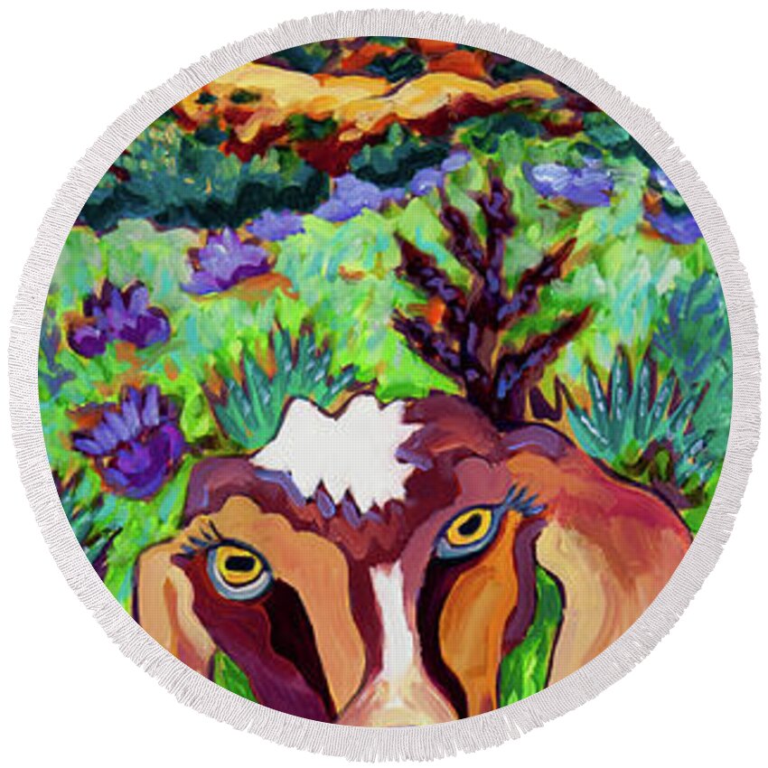 Goat Round Beach Towel featuring the painting Mountain High Goat by Cathy Carey