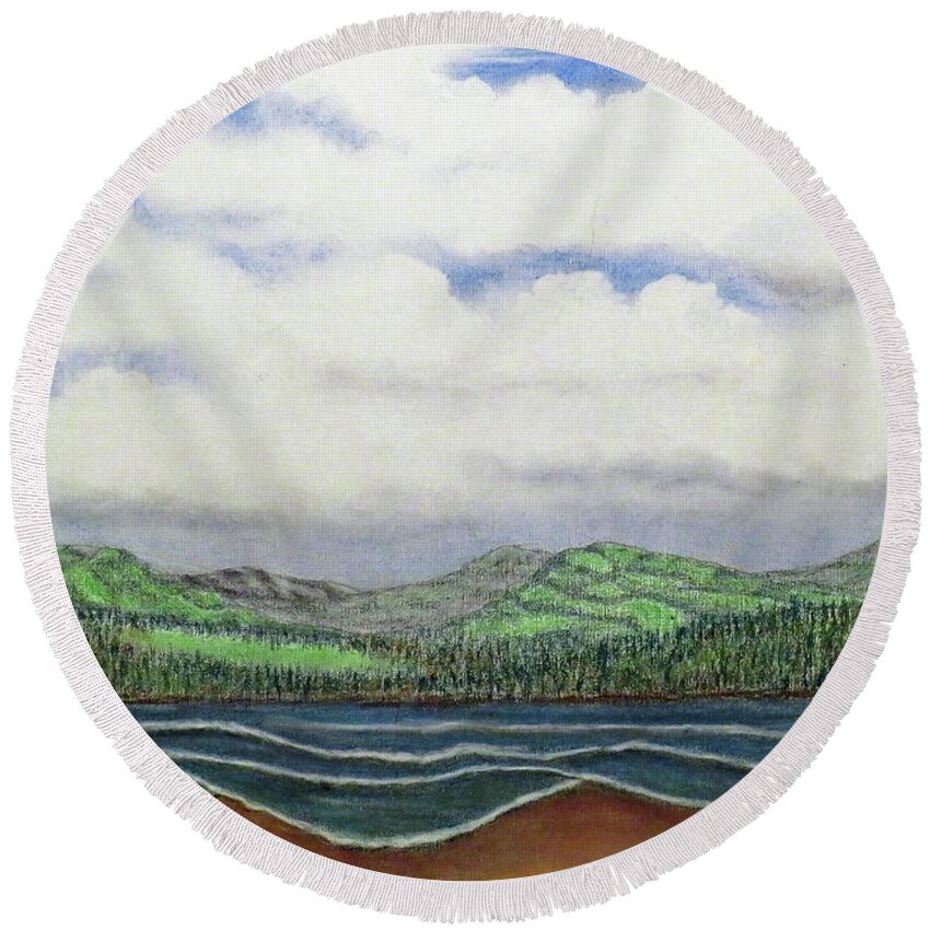 Landscape Round Beach Towel featuring the mixed media Mountain Lake 2 by Carl Owen