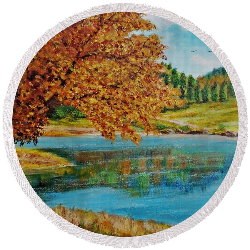 Mountains Round Beach Towel featuring the painting Mountain lake in Greece by Konstantinos Charalampopoulos