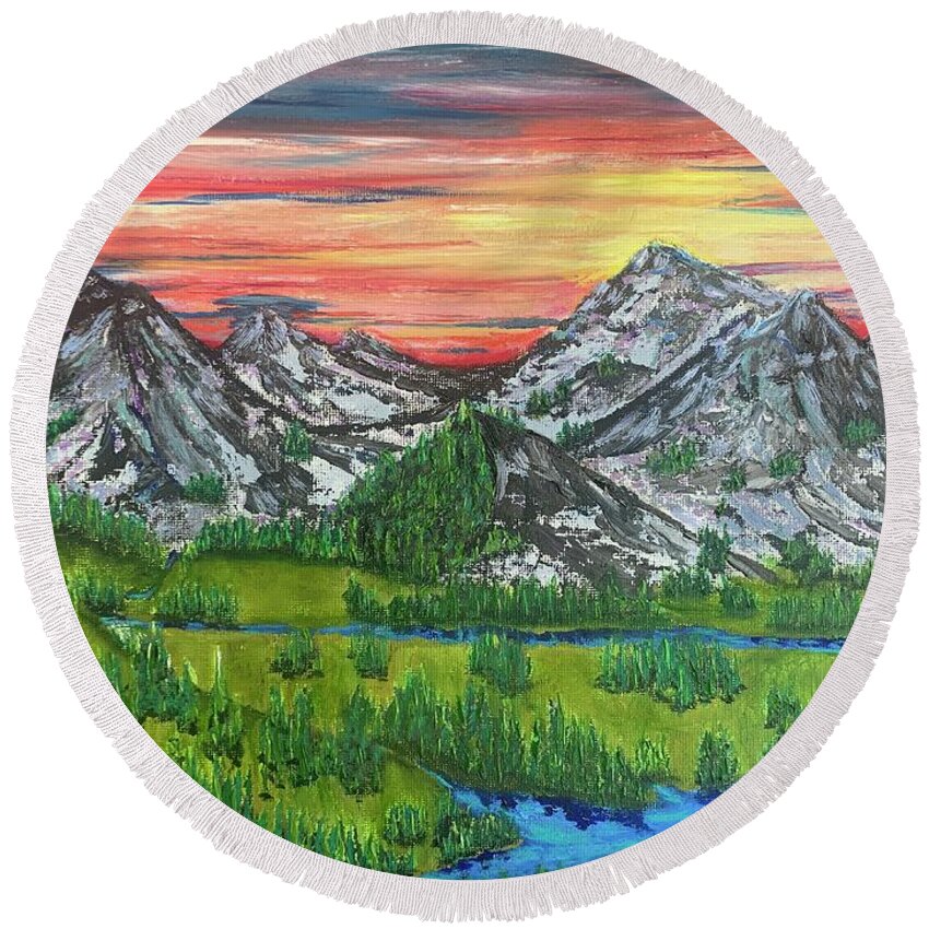Mountain Round Beach Towel featuring the painting Mountain Magic by Lisa White