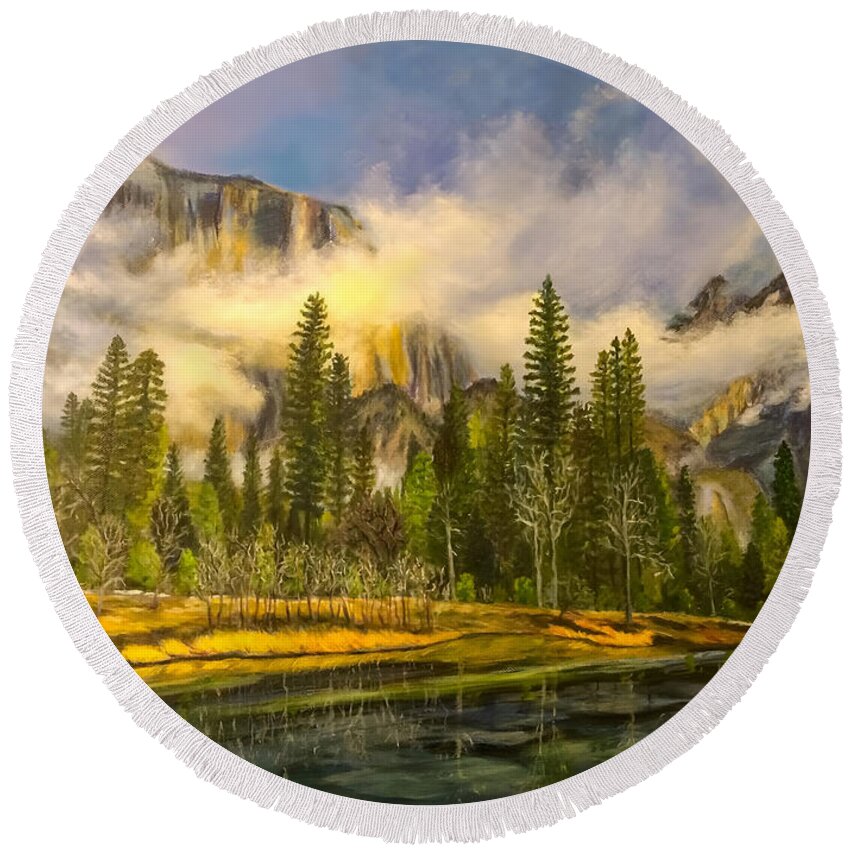 Oil Painting Round Beach Towel featuring the painting Mountain Mist by Sherrell Rodgers