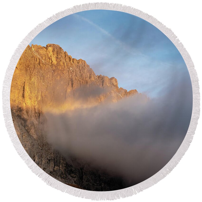 Passo Sella Round Beach Towel featuring the photograph Mountain peaks during sunrise. Dolomit, Italy by Michalakis Ppalis