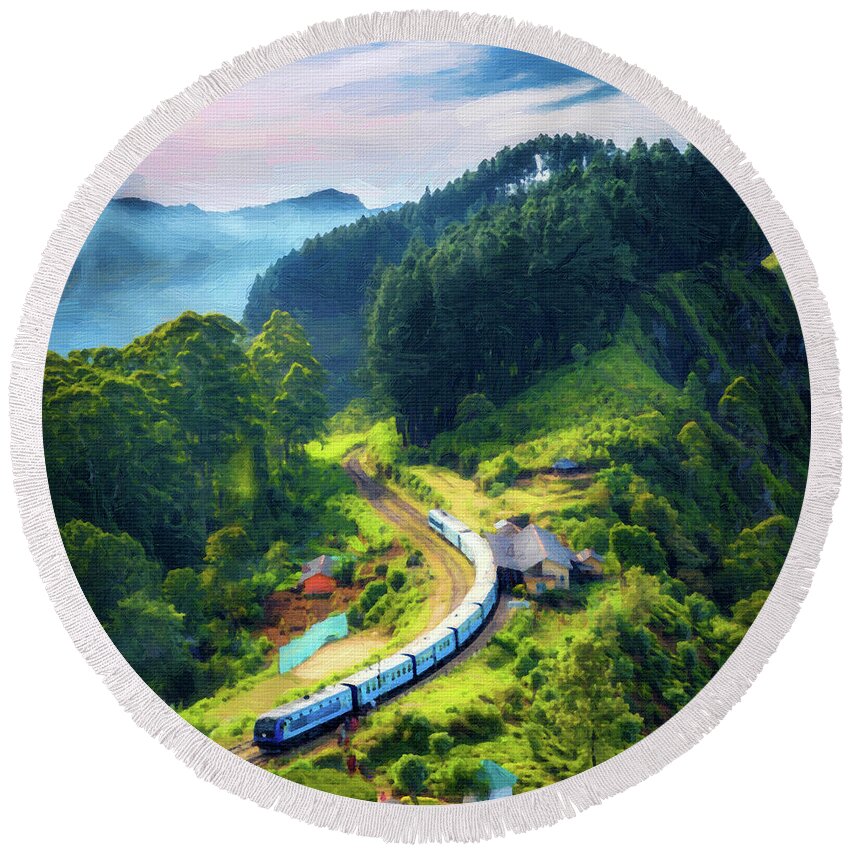 Landscape Round Beach Towel featuring the painting Mountain Railway - DWP1658967 by Dean Wittle