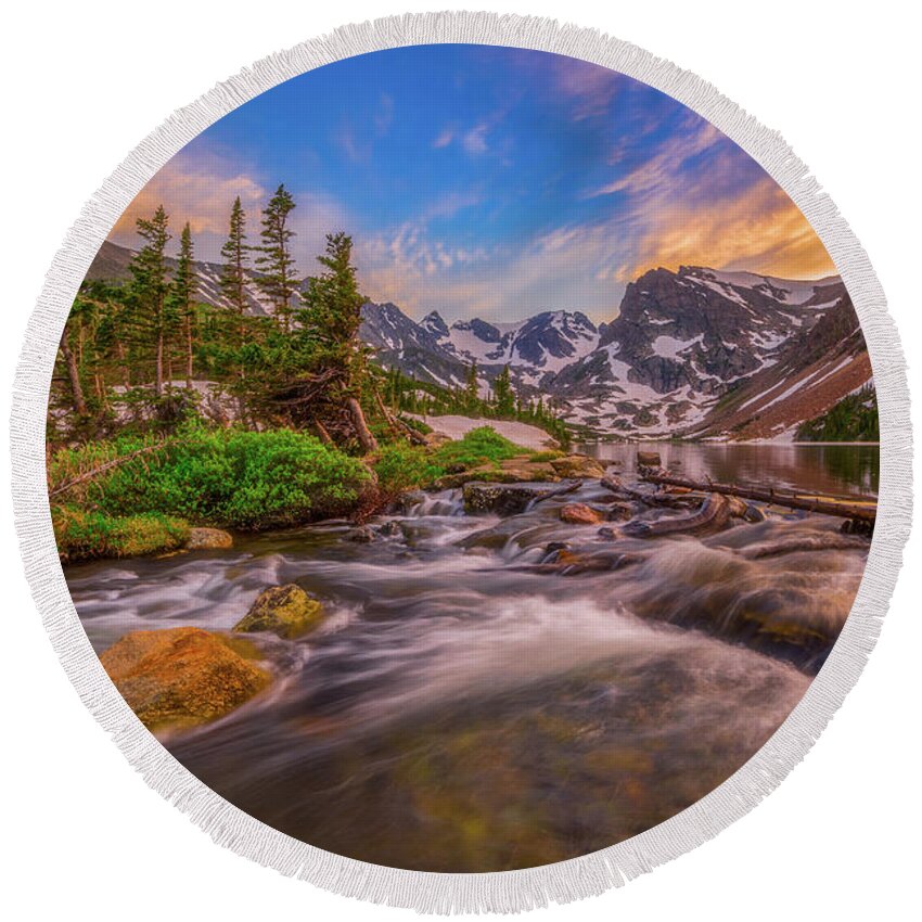 Colorado Round Beach Towel featuring the photograph Mountain Stream Sunset by Darren White