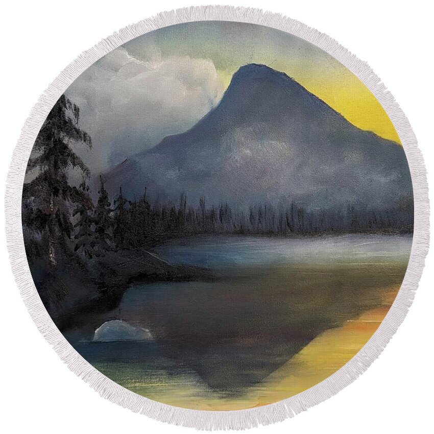 Landscape Round Beach Towel featuring the painting Mountain Sunrise by Evelyn Snyder