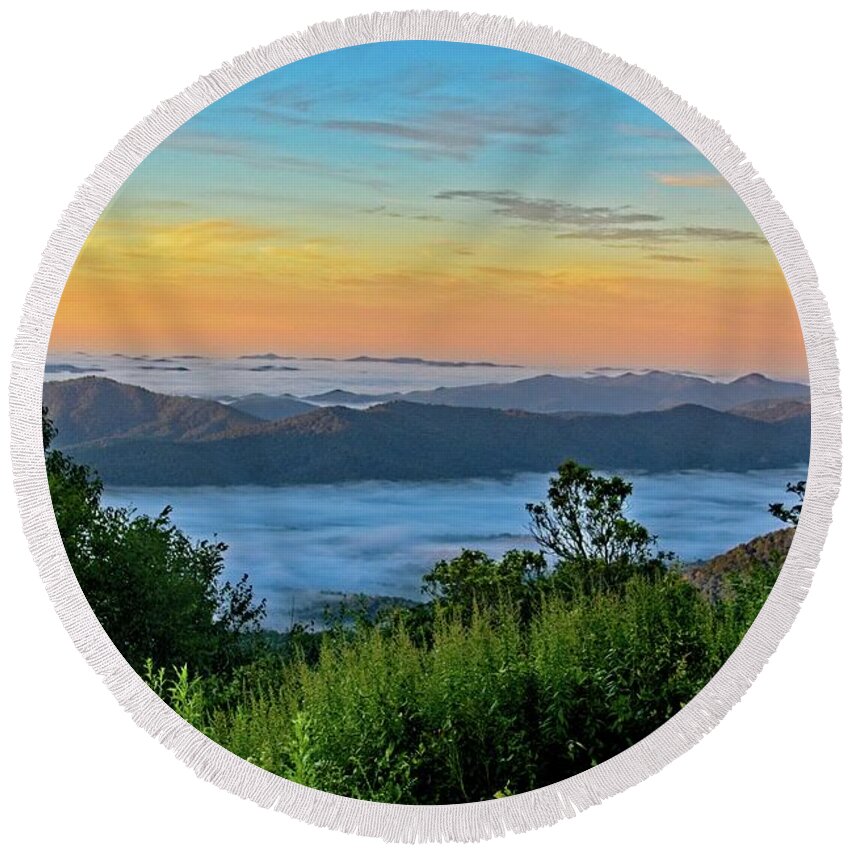 Landscape Round Beach Towel featuring the photograph Mountain Valley Fog by Allen Nice-Webb