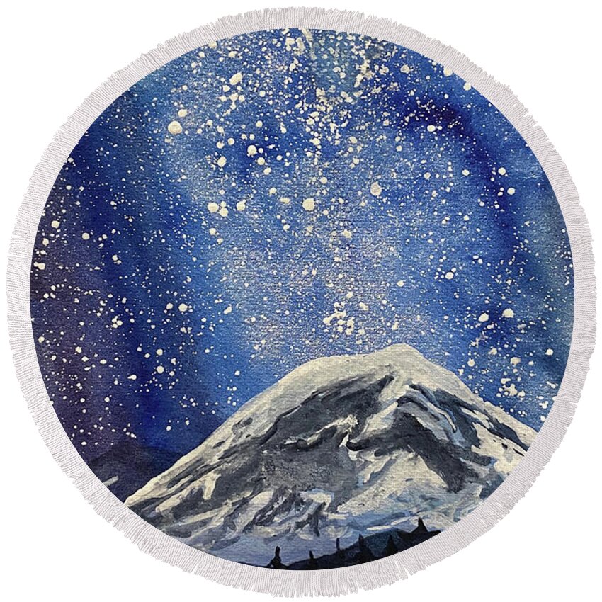 Mount Rainier Round Beach Towel featuring the painting Mountain with Night Sky by Lisa Neuman