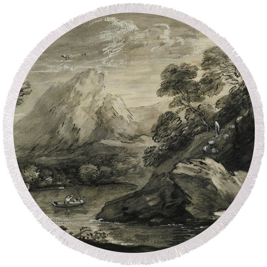 Gainsborough Round Beach Towel featuring the painting Mountainous Landscape With A Boat On A Lake by Thomas Gainsborough