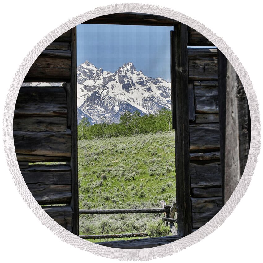 Barn Window Mountain View Round Beach Towel featuring the photograph Mountains Through Cabin Window by Dan Sproul