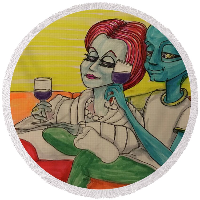 Date Night Round Beach Towel featuring the drawing Movie Night by Similar Alien