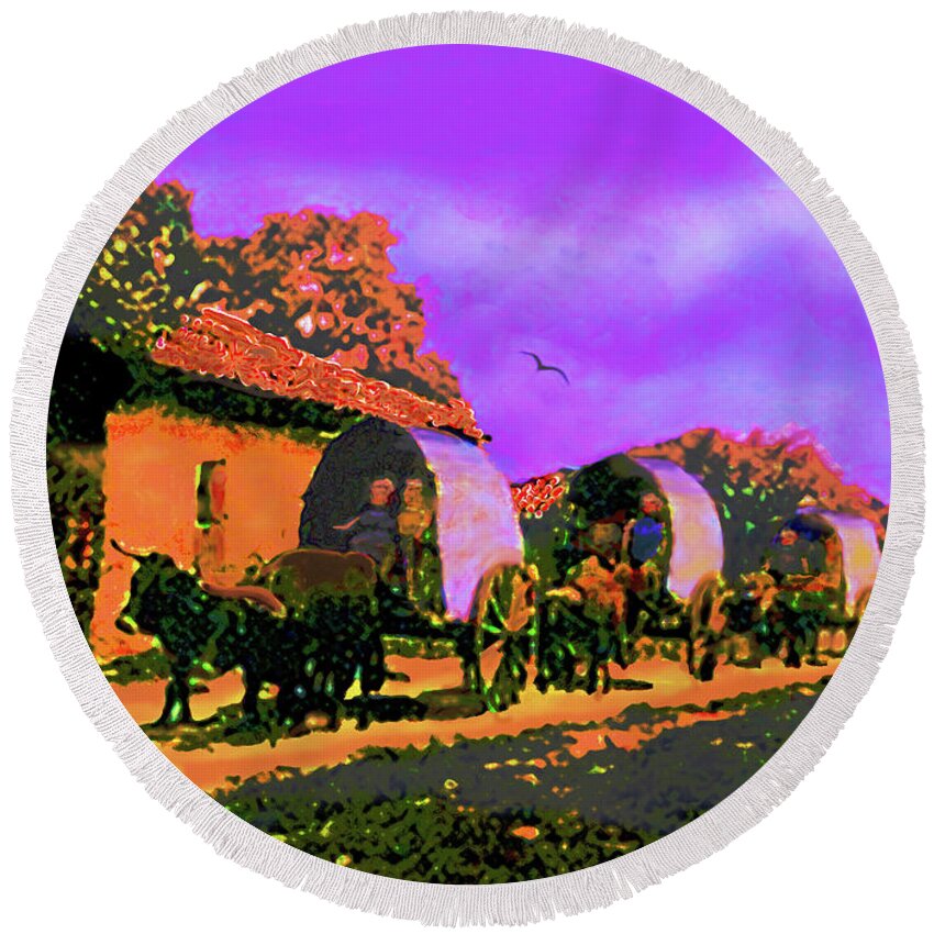History Round Beach Towel featuring the painting Moving A Village by CHAZ Daugherty