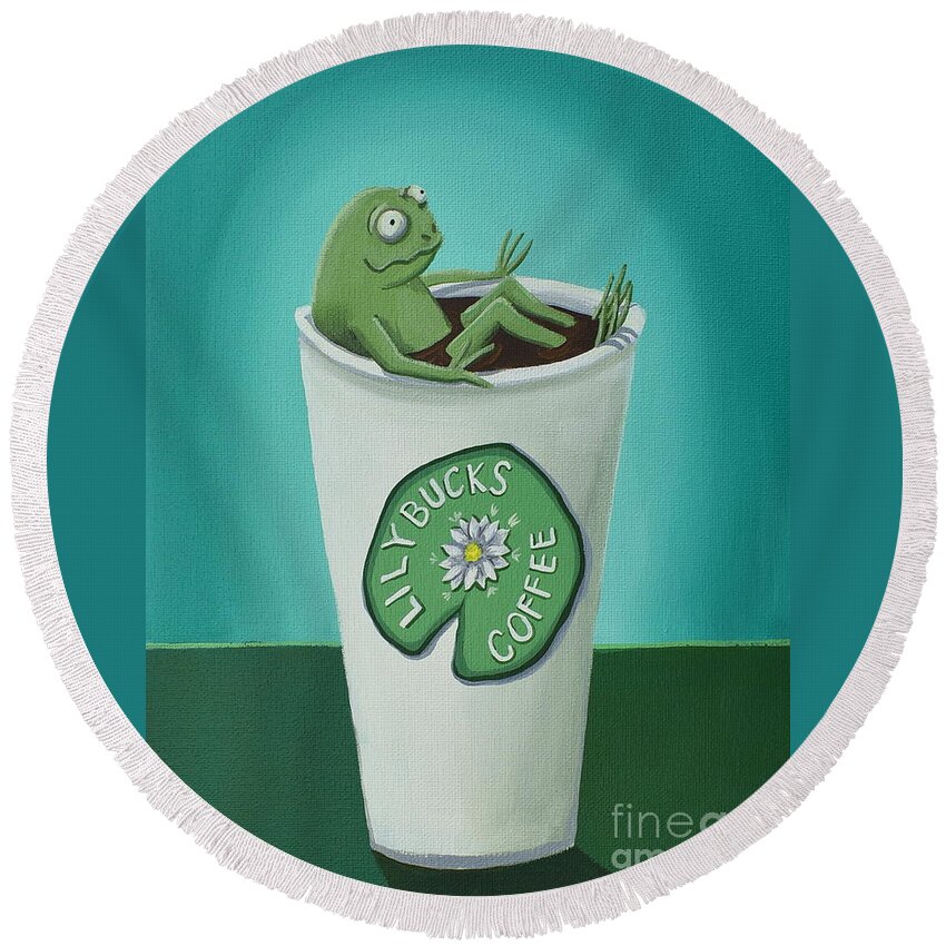 Frog Round Beach Towel featuring the painting Mr. Coffee frog by Debbie Criswell