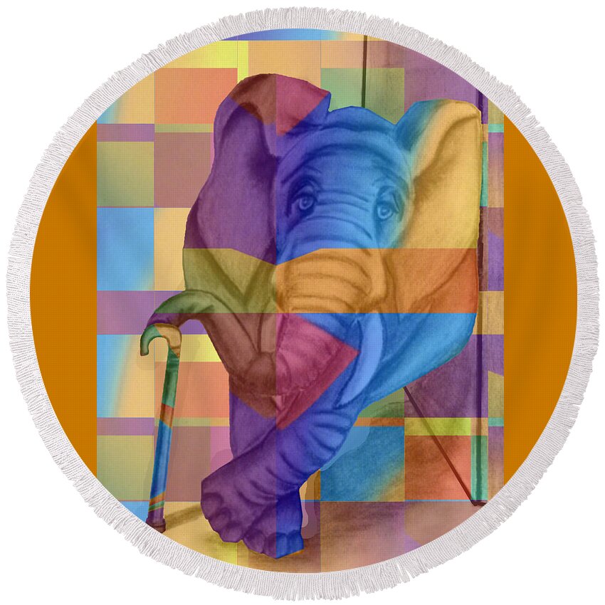 Abstract Round Beach Towel featuring the photograph Mr. Elephant Got a New Suit - Whimsical by Ronald Mills