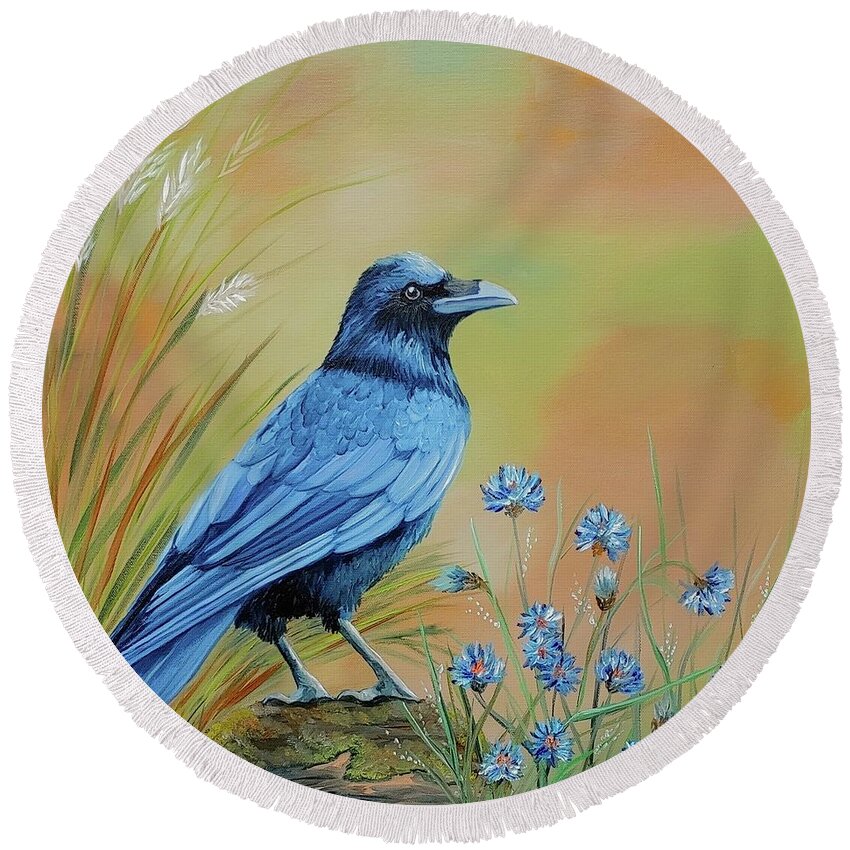 Crow Round Beach Towel featuring the painting Mr. Machismo by Connie Rish