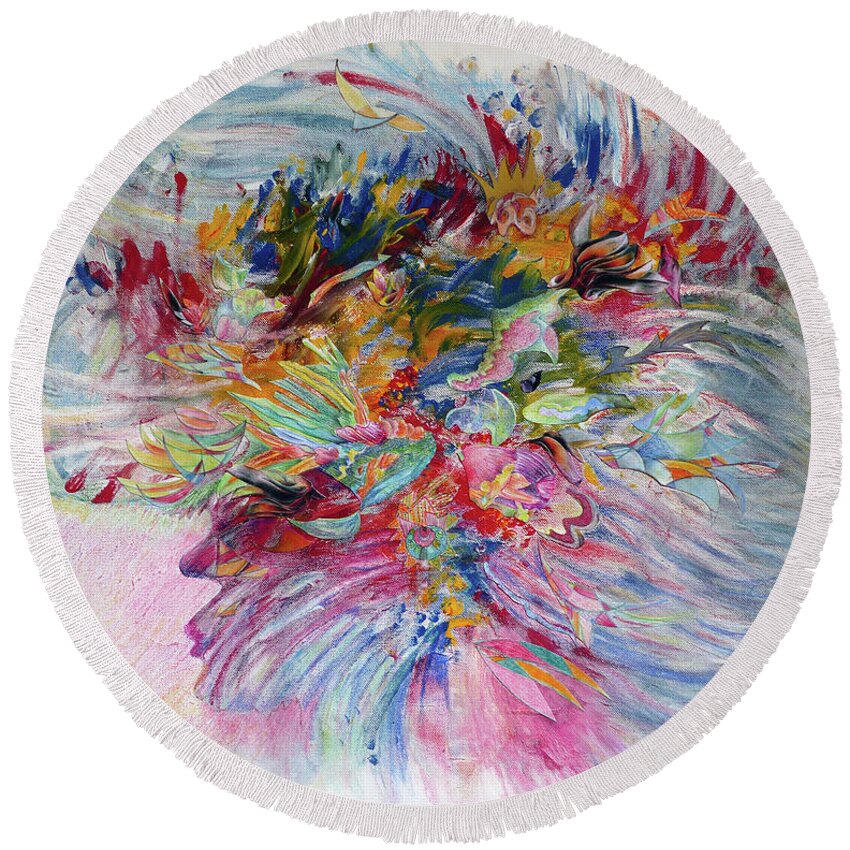 Abstract Round Beach Towel featuring the mixed media Mrs. Rucker's Sea Bonnet by Rosanne Licciardi