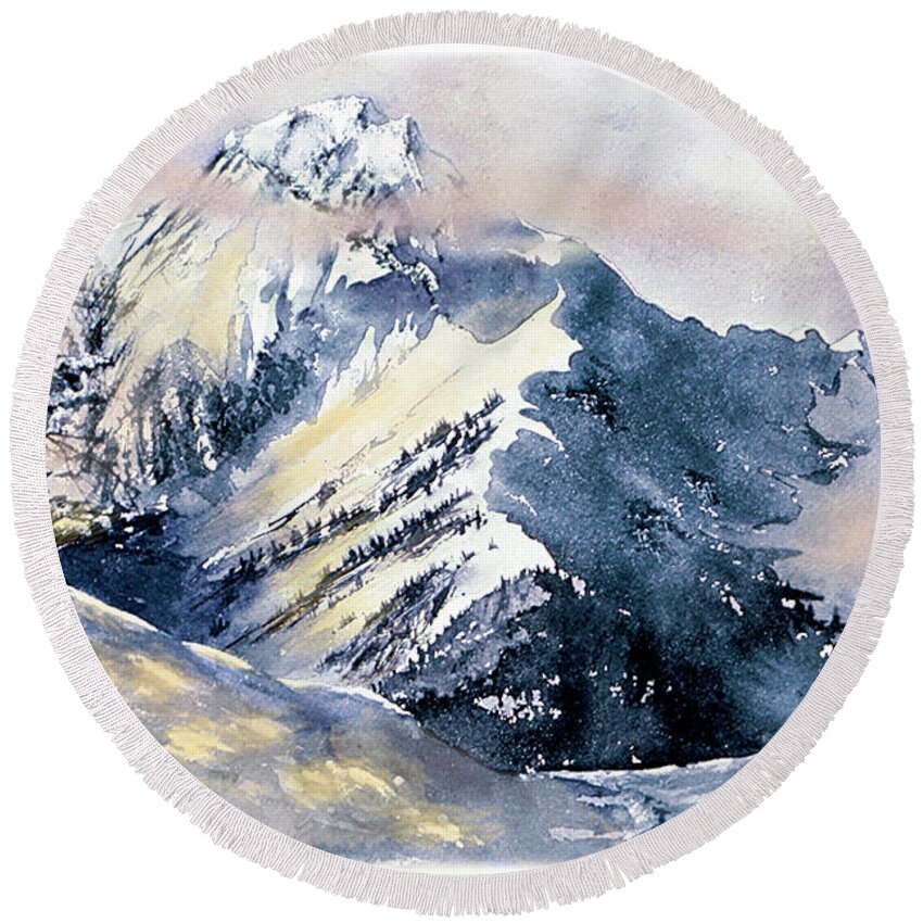 Aspen Round Beach Towel featuring the painting Mt. Daly Alpenglow by Jill Westbrook