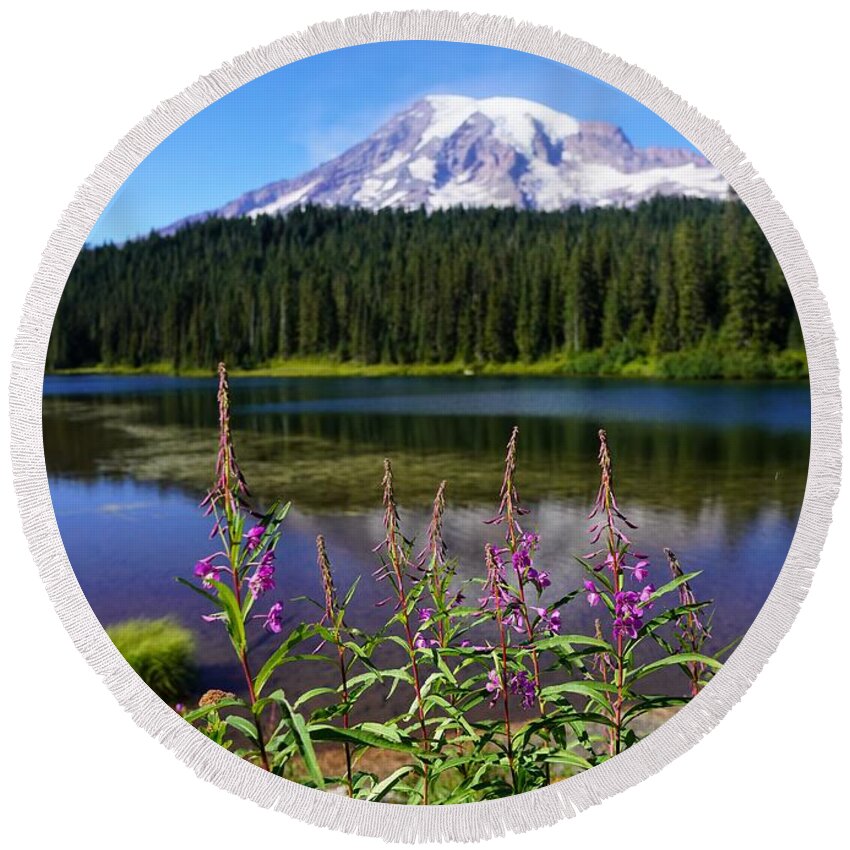 Mt Rainier Round Beach Towel featuring the photograph Mt Rainier Reflected with Flowers by Peter Mooyman