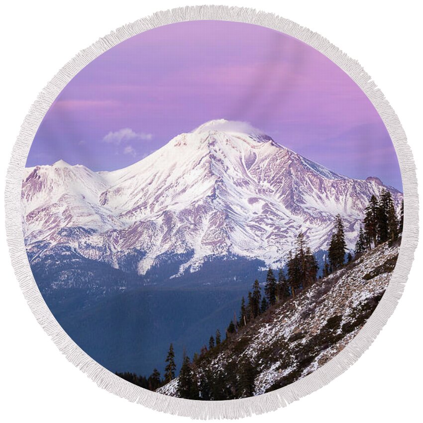 California Round Beach Towel featuring the photograph Mt. Shasta in Pink by Gary Geddes