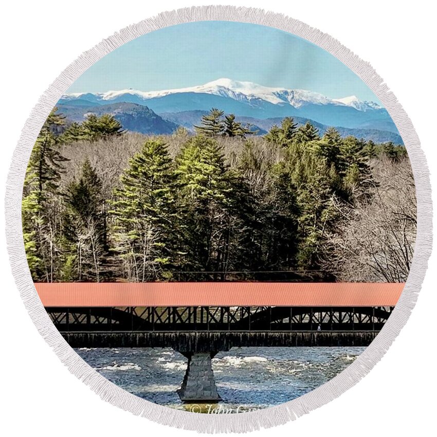  Round Beach Towel featuring the photograph Mt Washington over the Saco River Covered Bridge by John Gisis