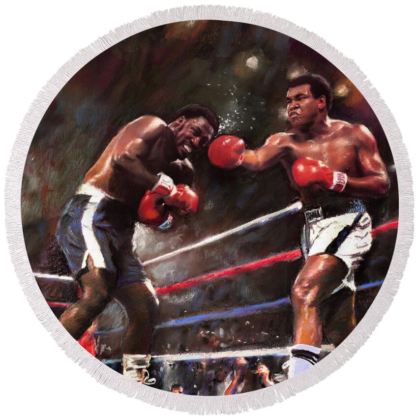 Muhammad Ali Round Beach Towel featuring the painting Muhammad Ali and Joe Frazier by Ylli Haruni