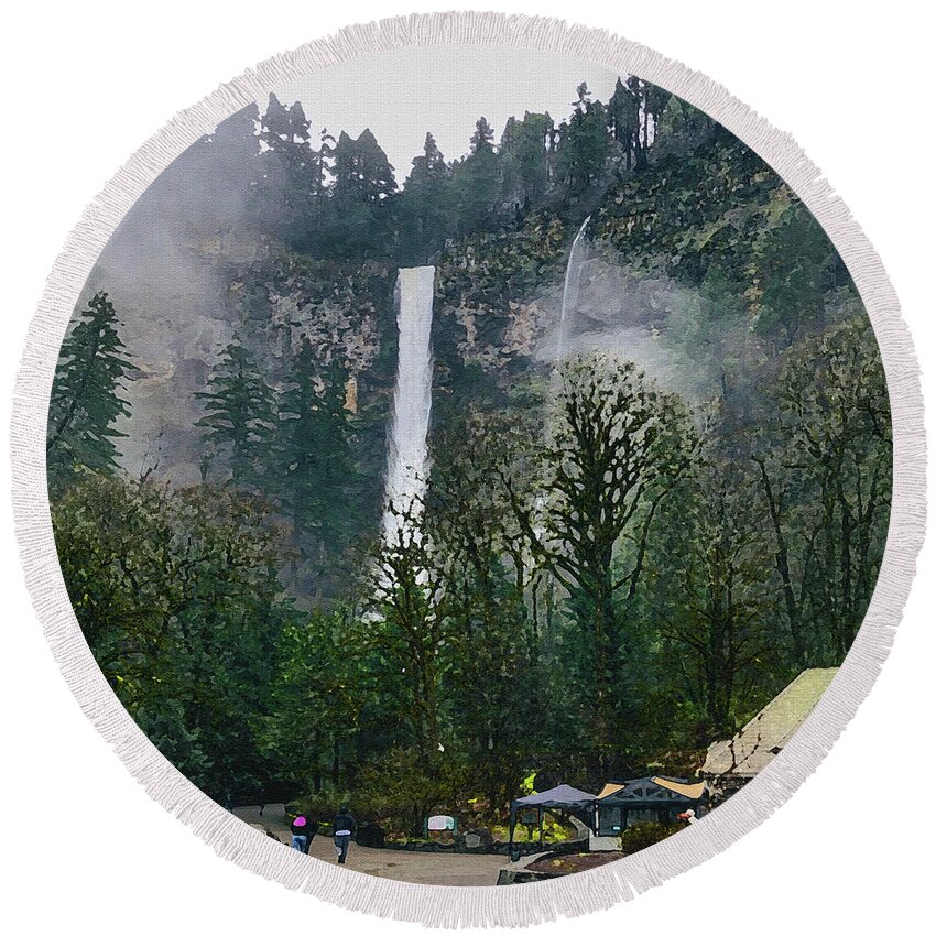 Oregon Round Beach Towel featuring the mixed media Multhnoma Falls Oregon watercolor by Tatiana Travelways