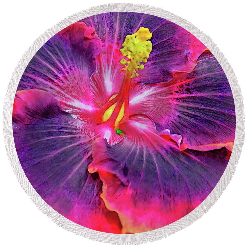 Hibiscus Round Beach Towel featuring the painting Multi-Color Hibiscus by Russ Harris