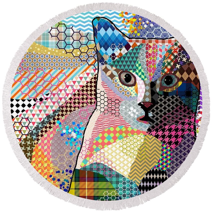 Cat Round Beach Towel featuring the digital art Multicolor Cat 676 Patterns by Lucie Dumas