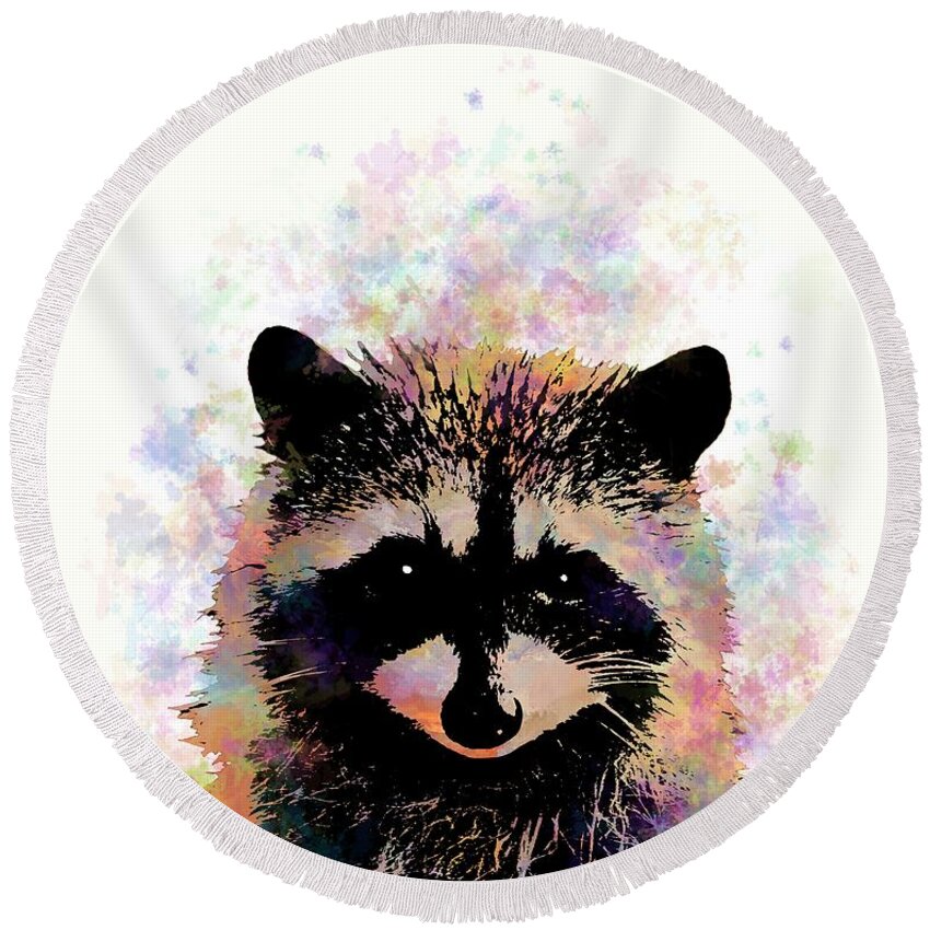 Raccoon Round Beach Towel featuring the mixed media Multicolor Raccoon 27 by Lucie Dumas