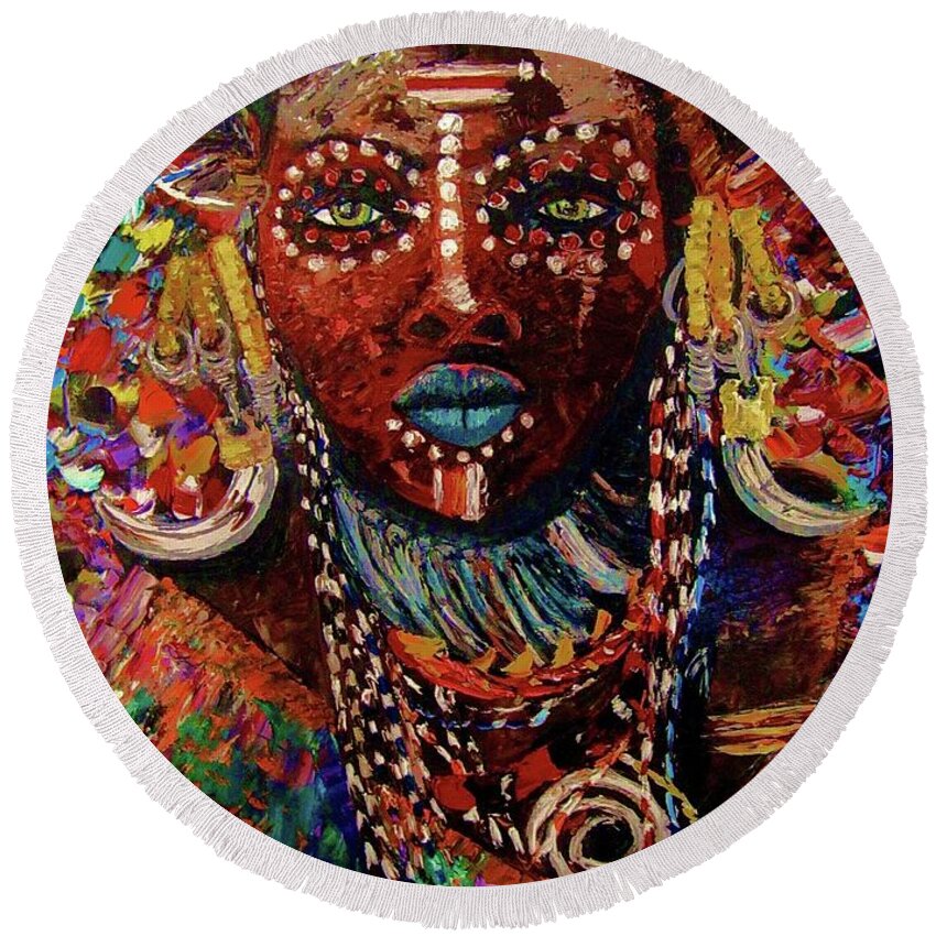 Africa Round Beach Towel featuring the painting Mursi by Kowie Theron