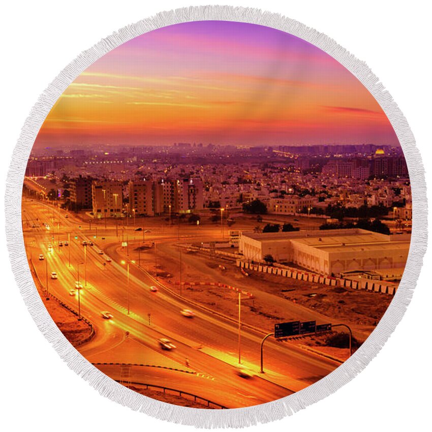 Middle East Round Beach Towel featuring the photograph Muscat at sunset by Alexey Stiop