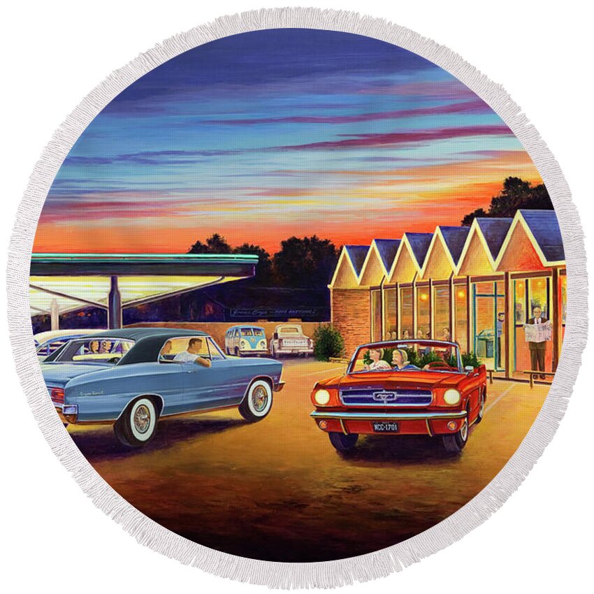 Mustang Round Beach Towel featuring the painting Mustang Sally - Shelton's Diner 2 by Randy Welborn