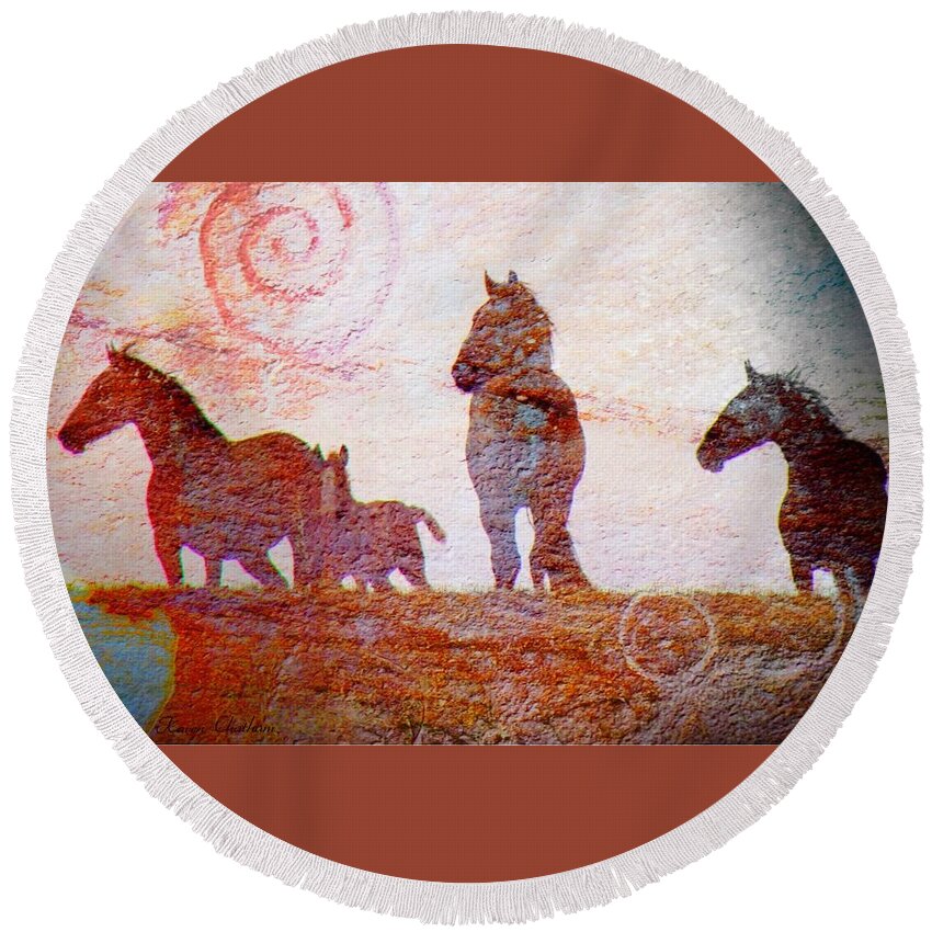 Wild Mustang Art Prints Round Beach Towel featuring the painting Mustang Summer by Karen Kennedy Chatham