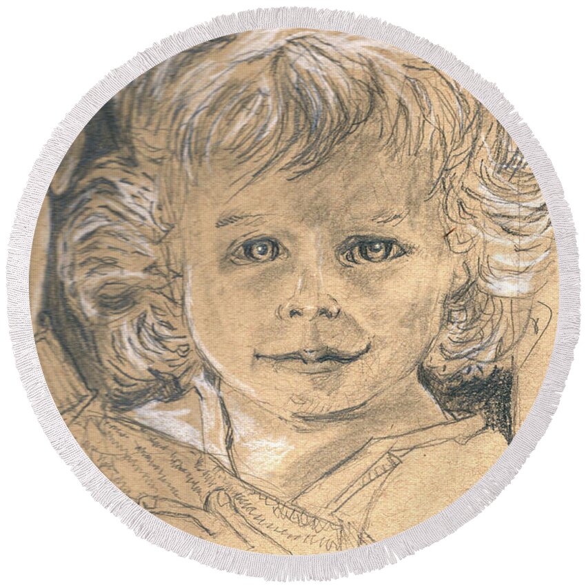 Girl Round Beach Towel featuring the drawing My Daddy by Marnie Clark